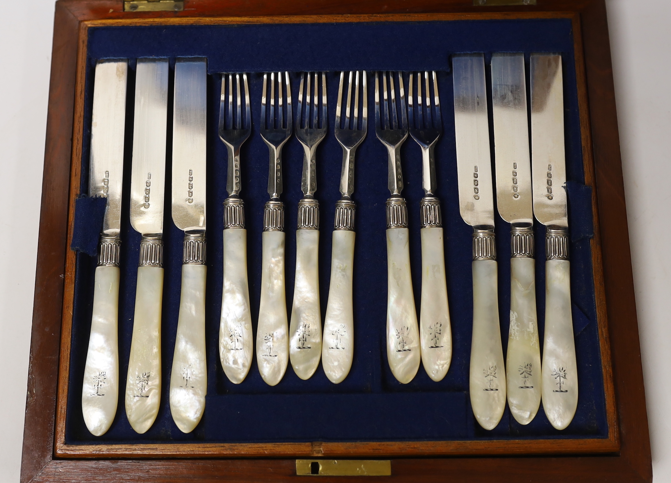 A cased set of twelve pairs of Victorian mother of pearl handled silver dessert eaters, Thomas Hayes, Birmingham, 1859.